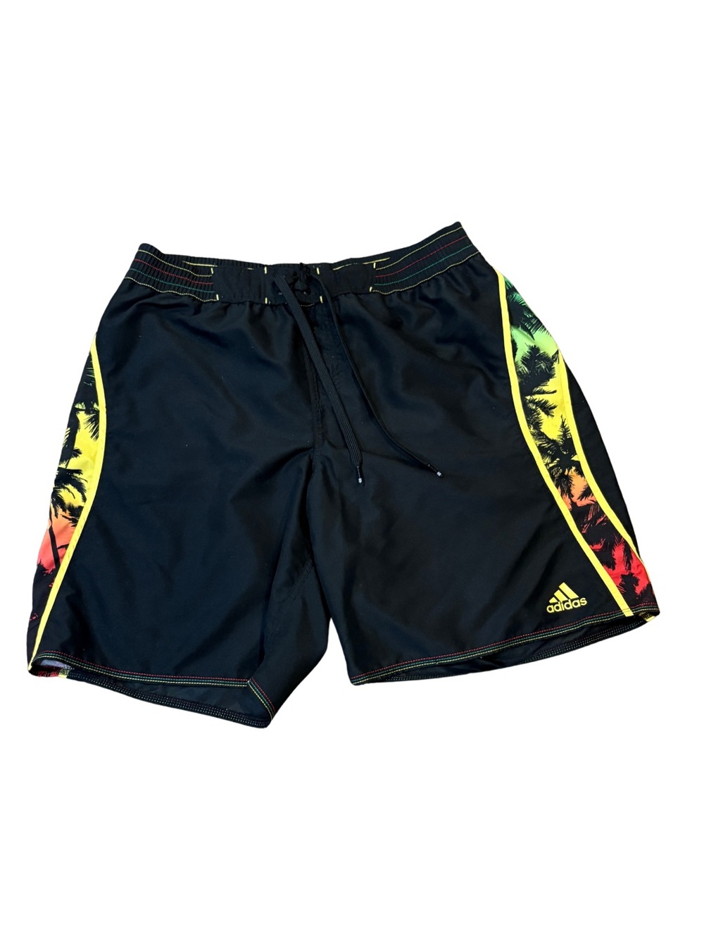 Adidas Men’s XL BLK Tropical Palm Tree Swim Trunks Rasta Board Shorts Mesh Lined